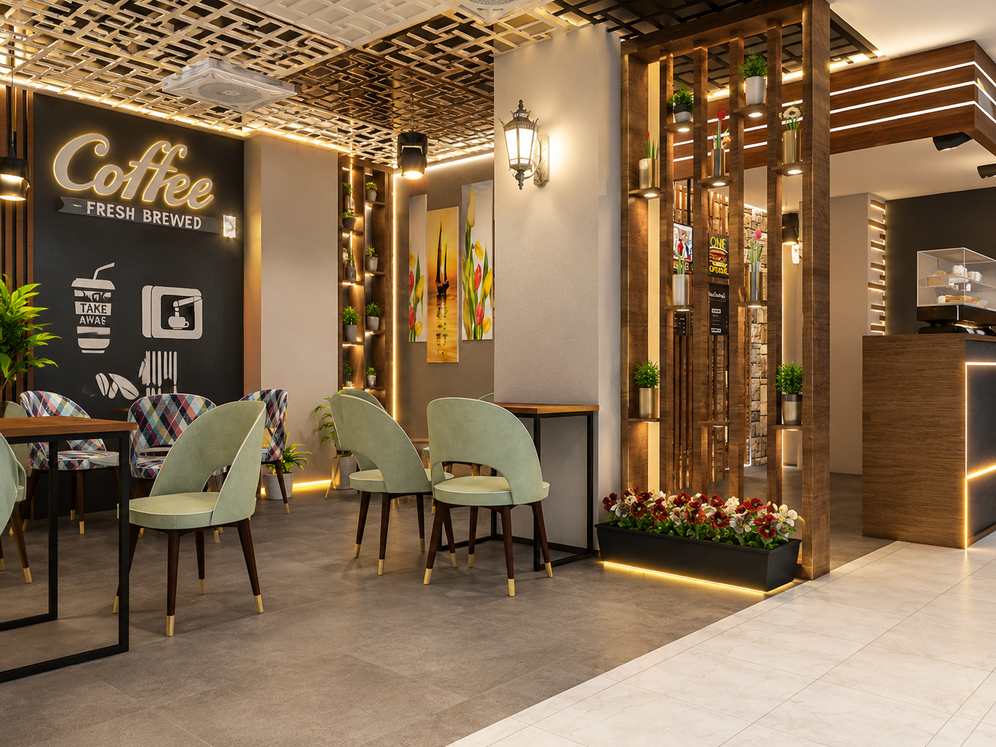 Photorealistic cafe rendering of counter and bar area