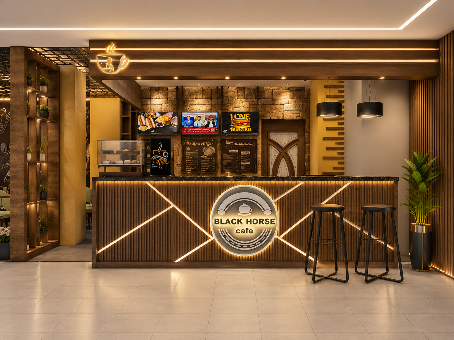 Restaurant 3D visualization of cafe front desk