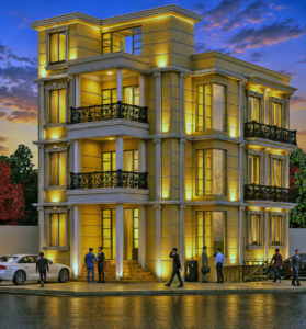 Commercial building 3D rendering in Pakistan — office and plaza visualization by Studio3