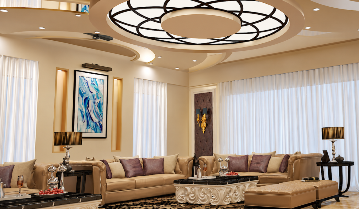 Photorealistic 3D interior design rendering of a luxury Saudi Arabian villa living room created by Studio3