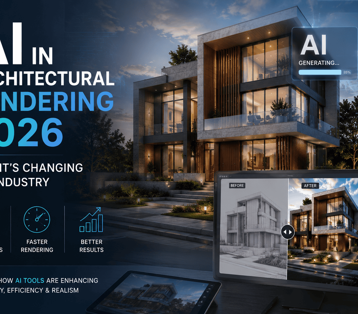 Architect using AI architectural rendering tools to create a photorealistic building visualization in 2026