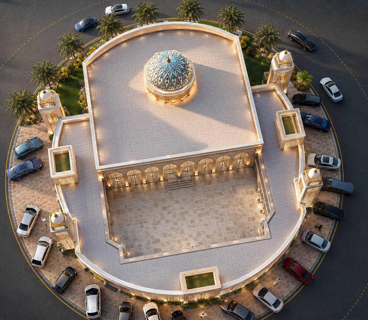 Mosque architectural rendering showing domes and minarets in photorealistic 3D visualization