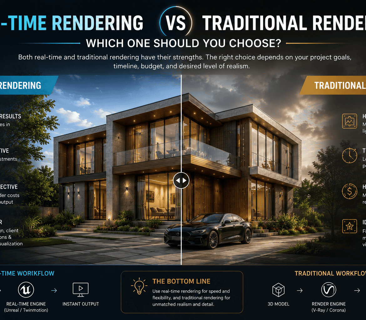 Split-screen comparison of real-time rendering vs traditional rendering in a 3D architectural scene
