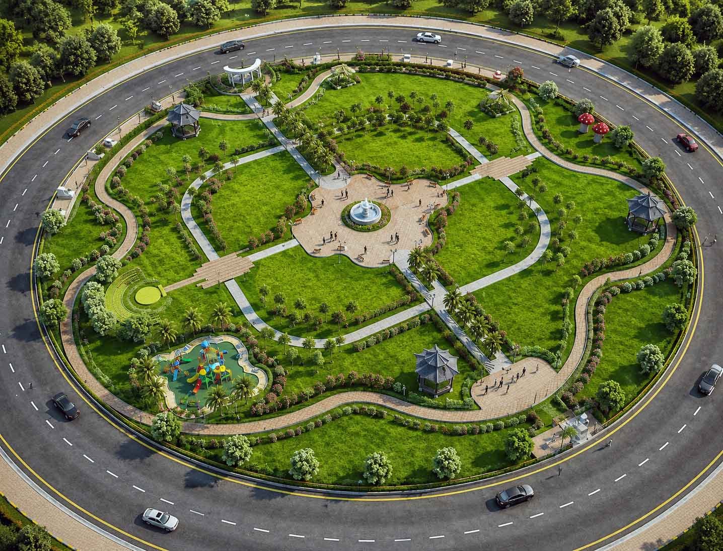 Aerial view of circular community park with fountain, walkways, gazebos, and surrounding road