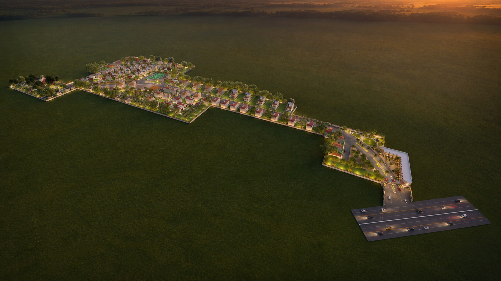 Al-Jahat City aerial masterplan 3D rendering by Studio3