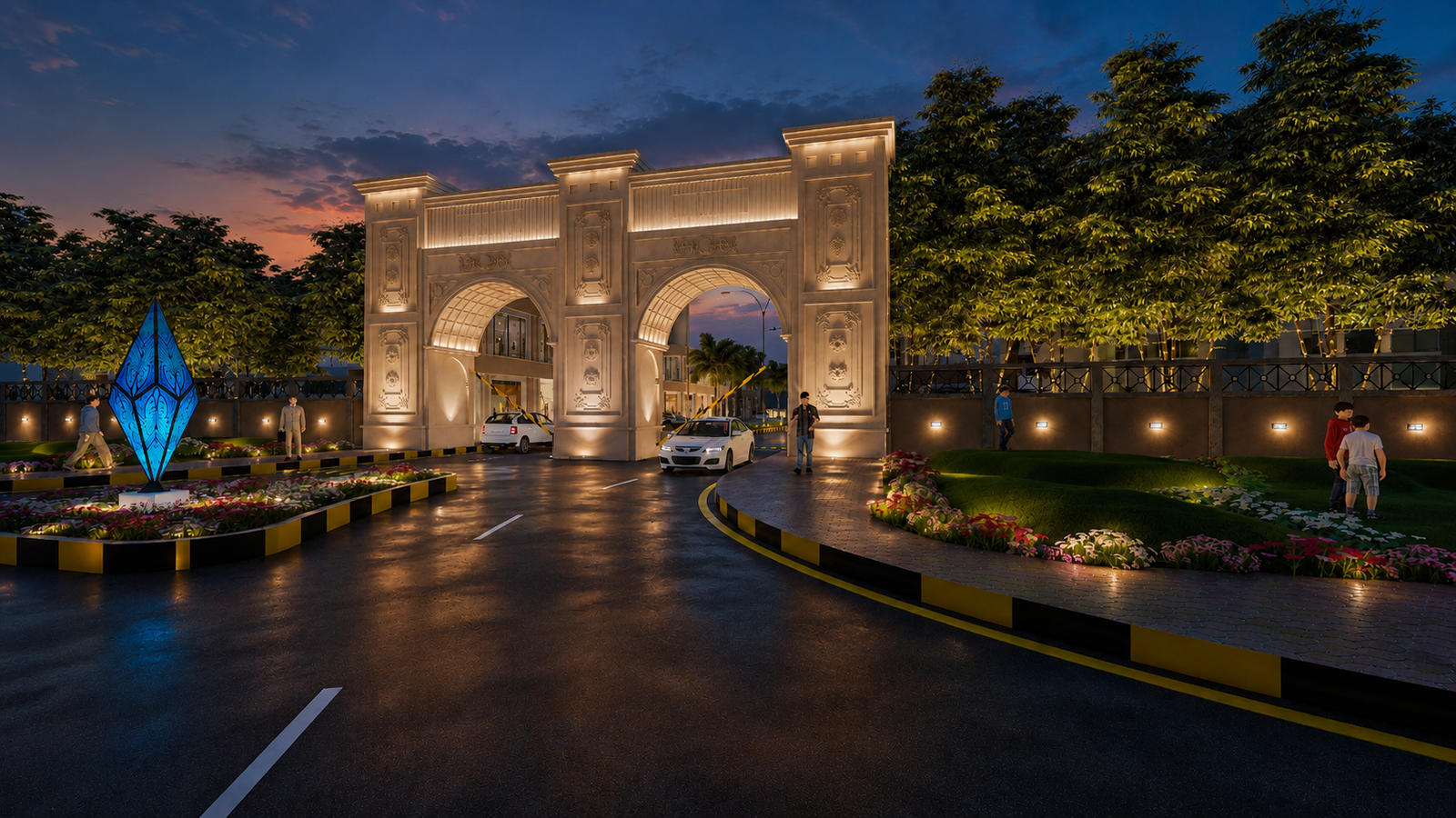 Al-Jahat City grand entrance gate night 3D rendering