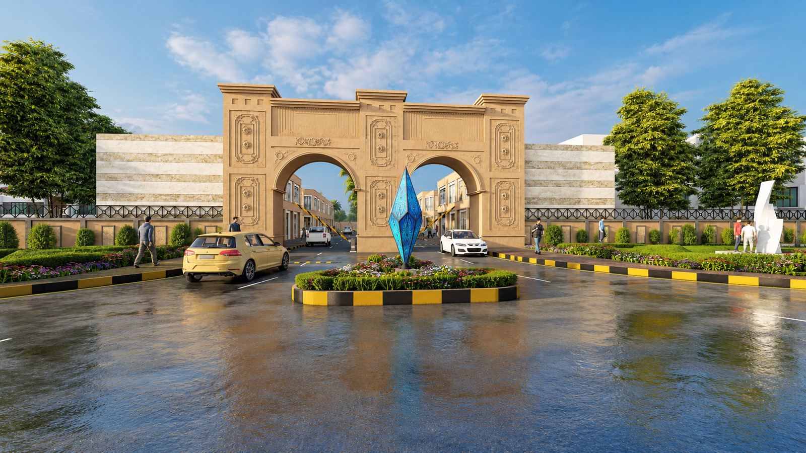 Al-Jahat City main entrance gate daytime 3D rendering