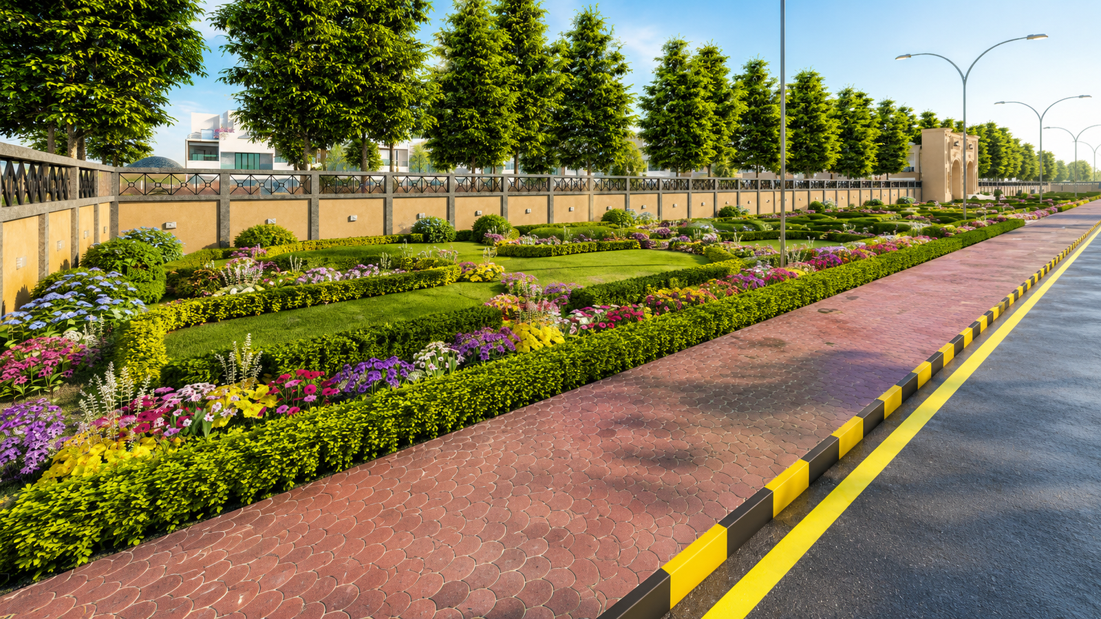 Boundary wall landscaping 3D rendering along main road
