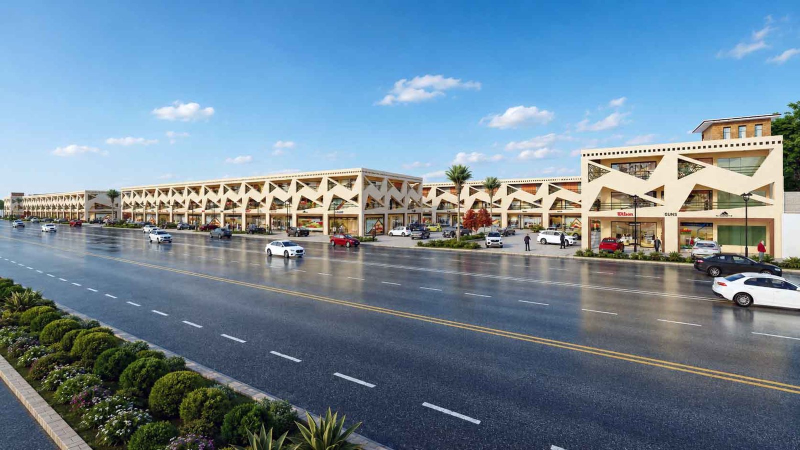 Commercial building exterior view from main road with parked vehicles