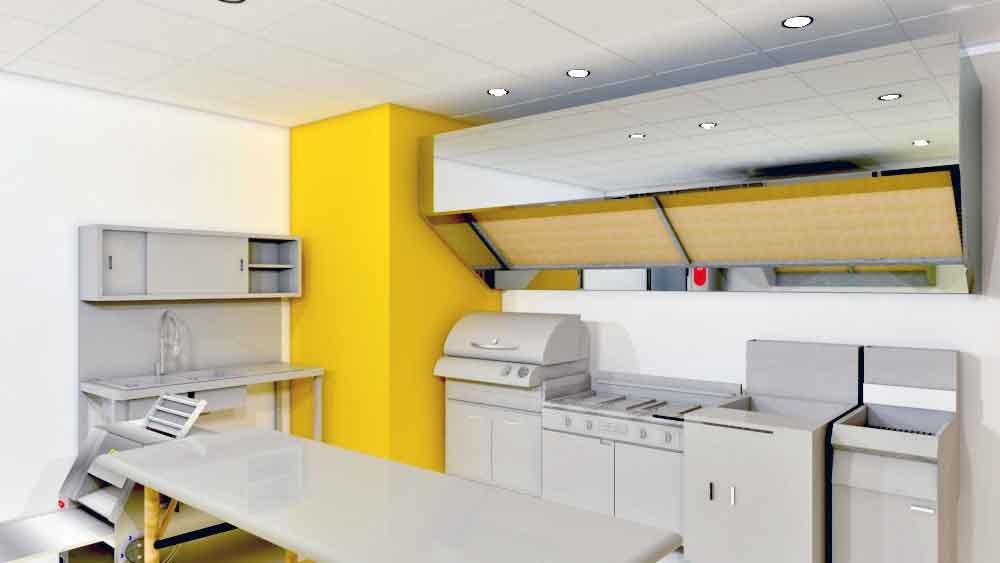 Commercial kitchen layout with grill station, prep counter and exhaust hood