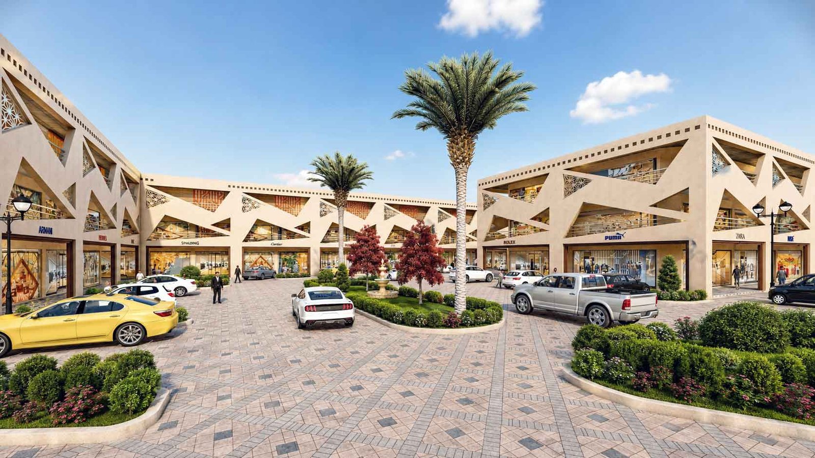 Commercial plaza courtyard with luxury brand stores and central palm trees