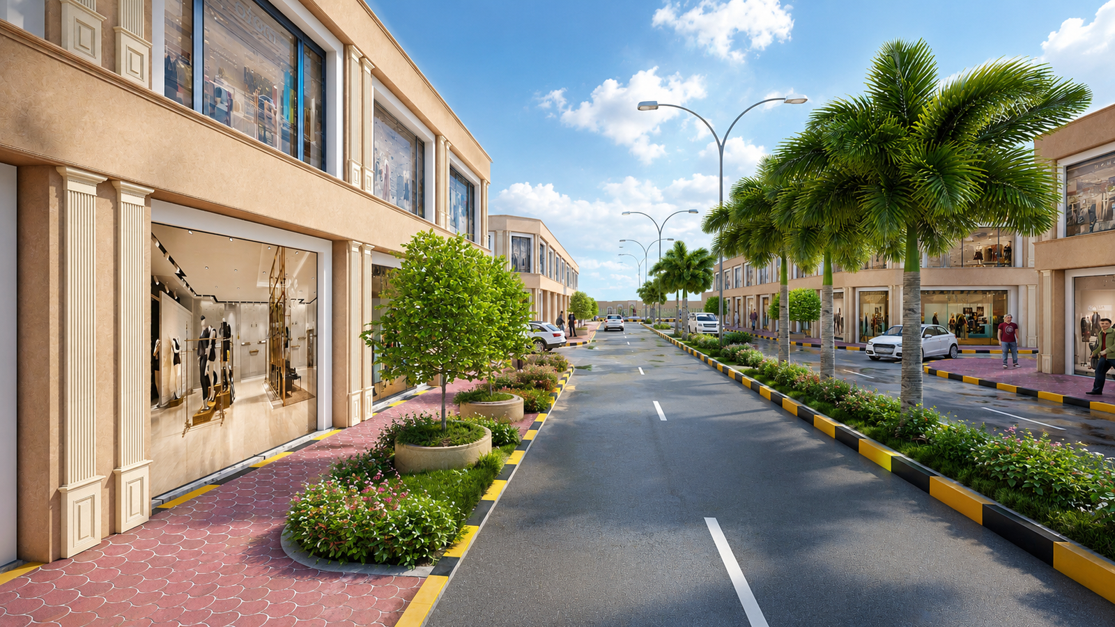 Commercial plaza street view 3D rendering daytime