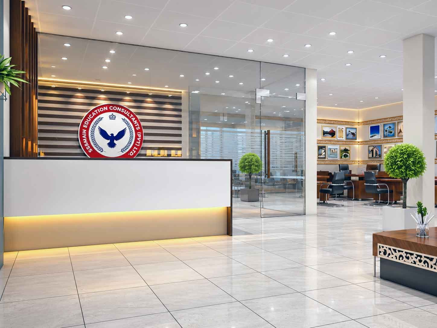 Modern corporate reception area with wooden accent wall and glass partition office