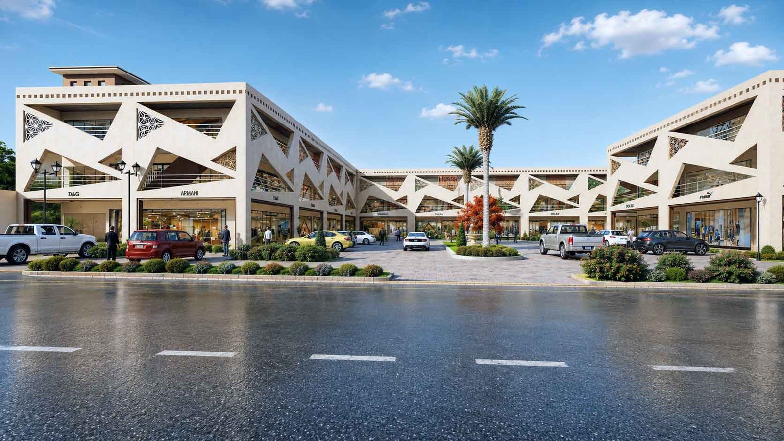 Long exterior view of double storey commercial plaza along main boulevard