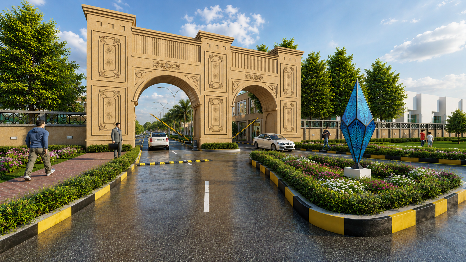 Grand entrance archway 3D rendering with blue crystal sculpture