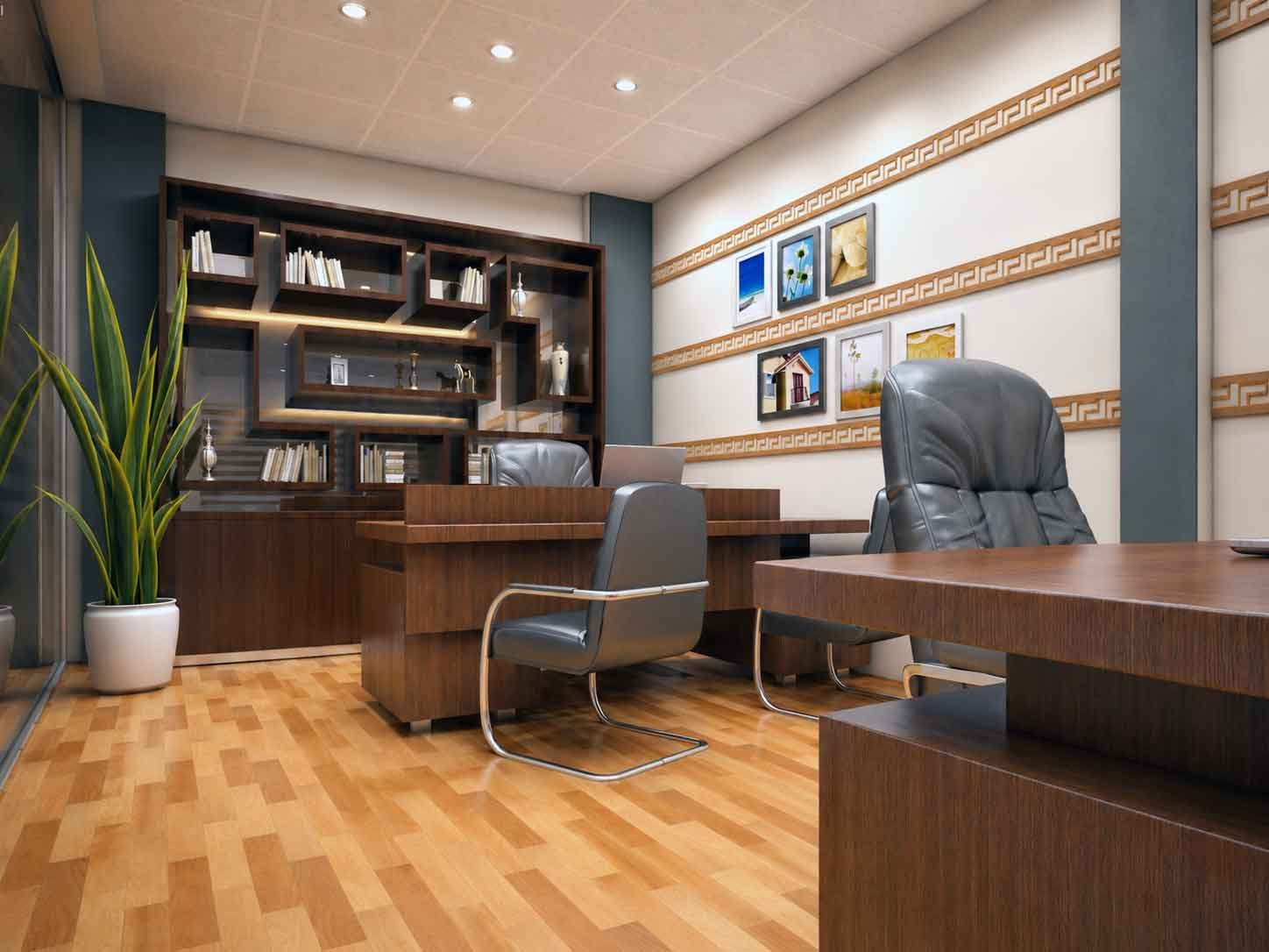 Executive office cabin with wooden bookshelf and leather chairs