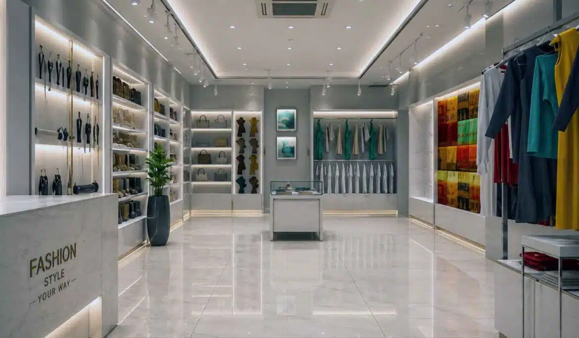 Fashion store interior with accessories shelving and branded reception counter