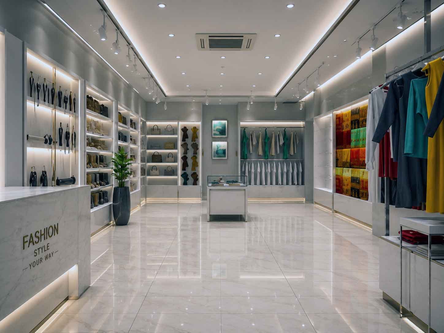 Fashion store interior with accessories shelving and branded reception counter
