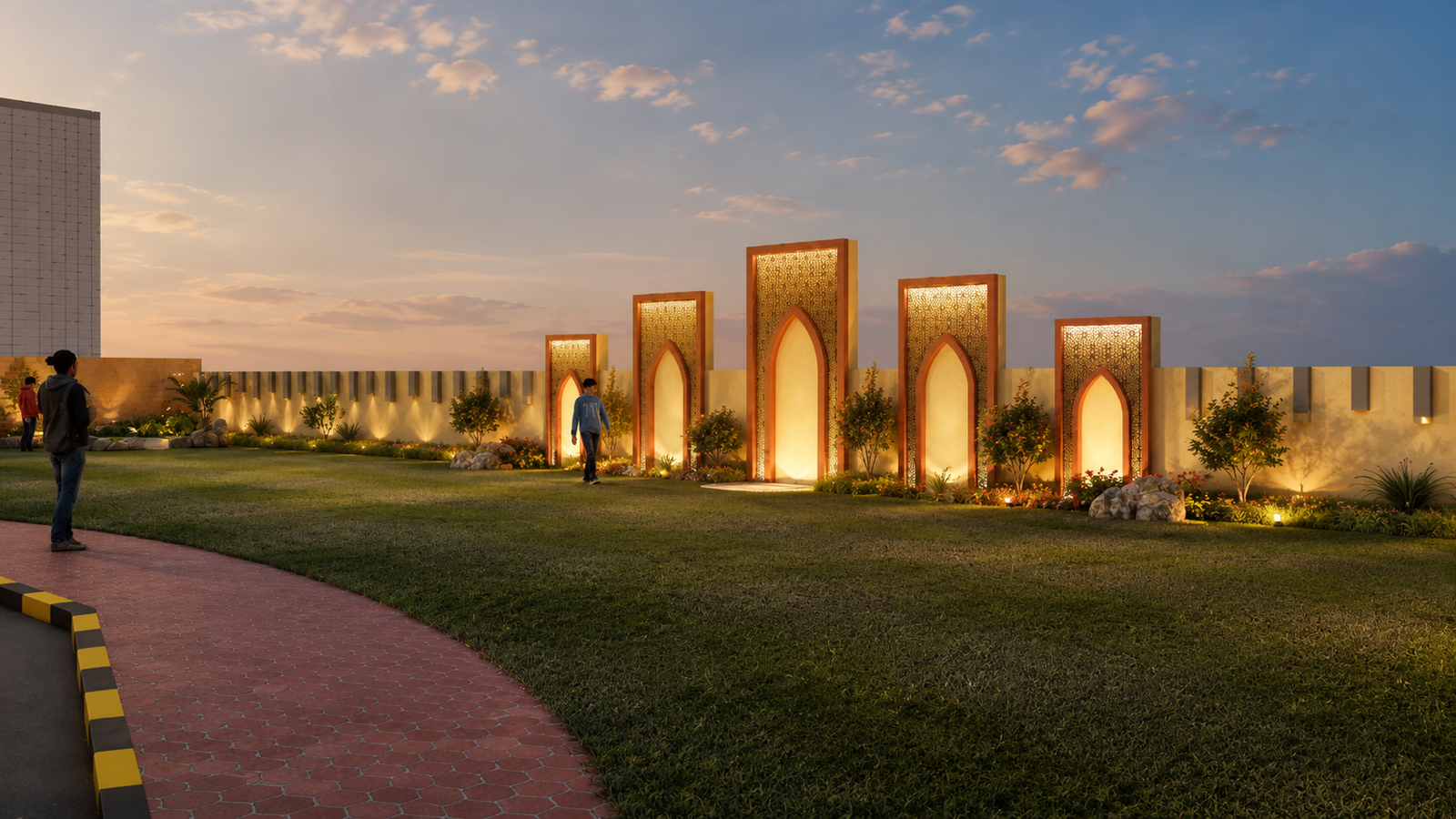 Decorative Islamic arch wall panels 3D rendering evening view
