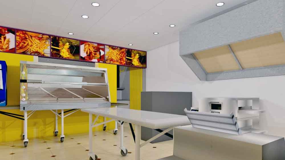 Kitchen display counter with food warmer and stainless steel prep table