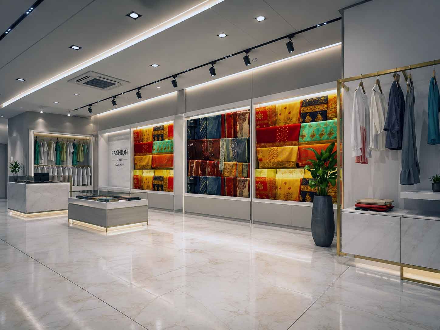 Luxury fashion boutique interior with textile display wall and marble flooring