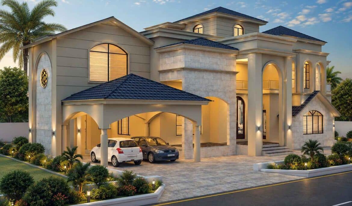 Luxury villa exterior with stone cladding, arched entrance porch and covered carport