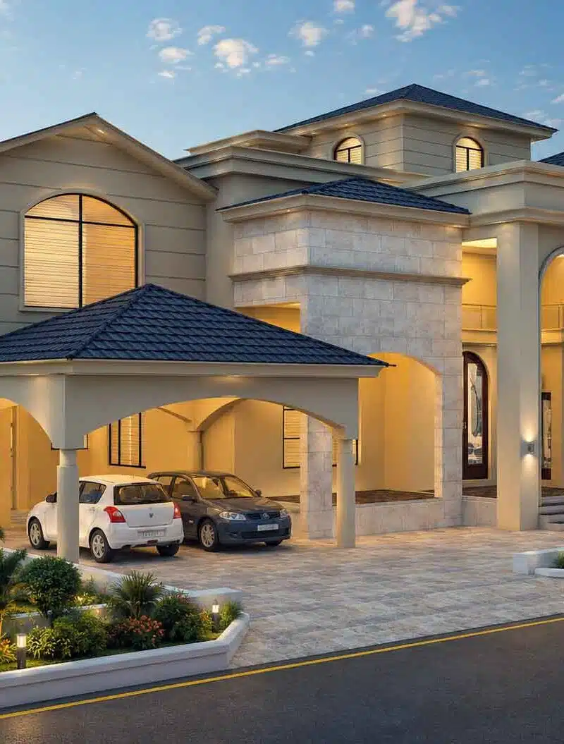 Classic Villa Front Elevation Design – 3D Exterior Rendering