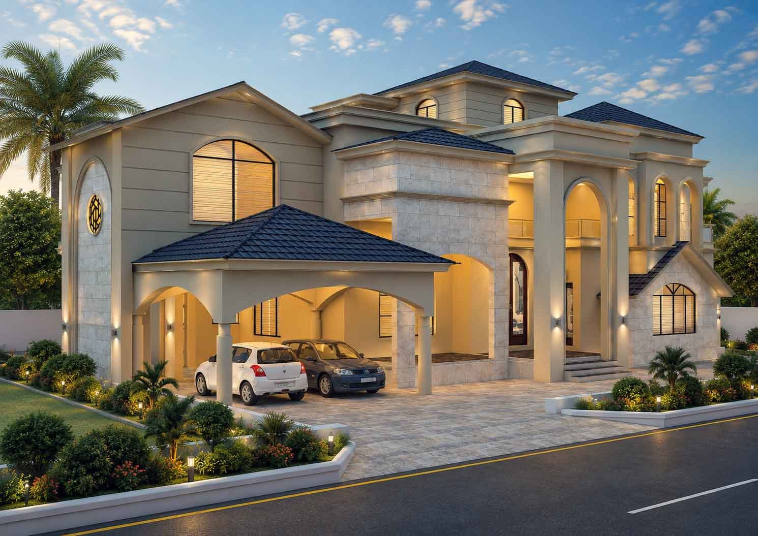 Luxury villa exterior with stone cladding, arched entrance porch and covered carport