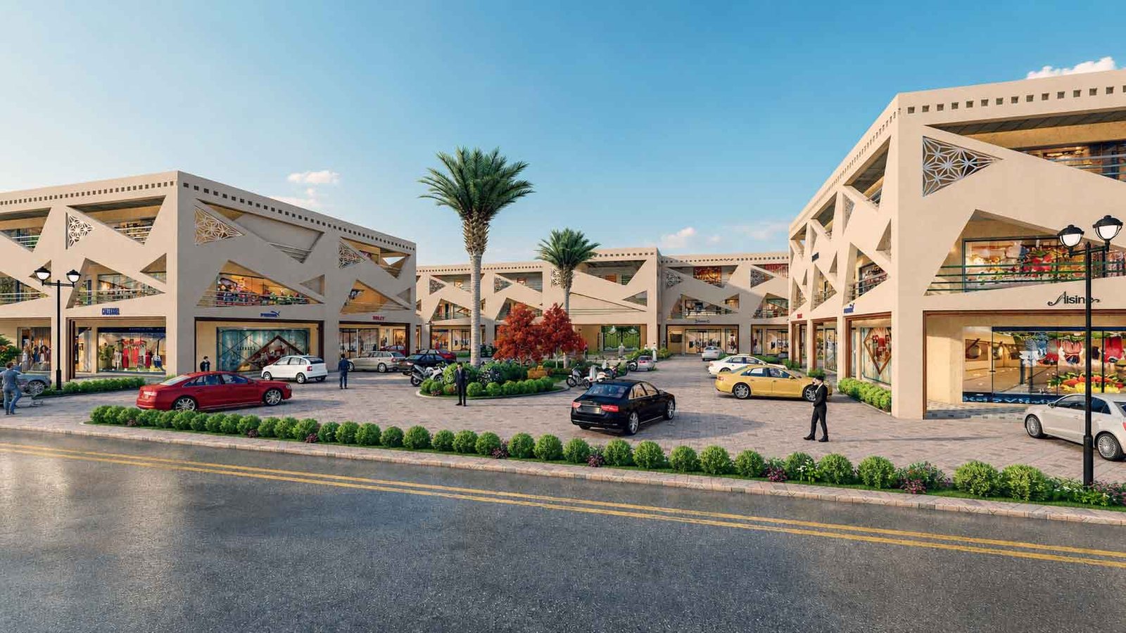 Modern double storey commercial plaza exterior with palm trees and parking area