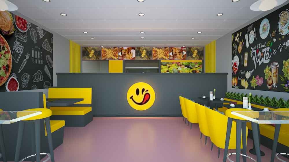 Modern fast food cafe interior with yellow booth seating and smiley logo wall