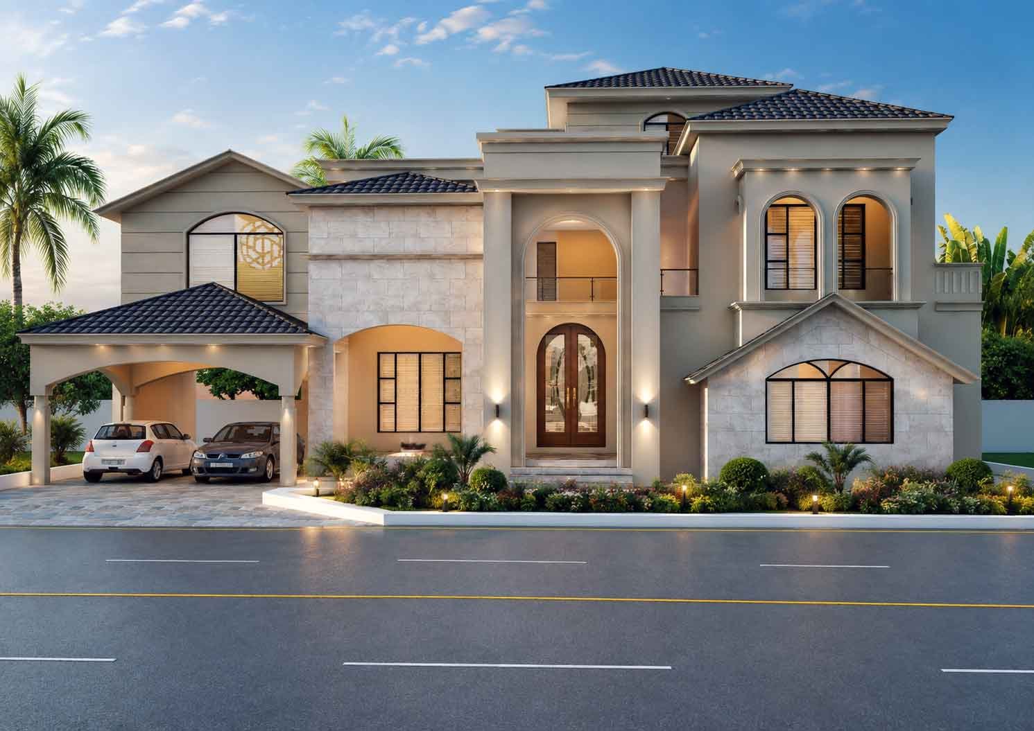 Modern classic villa front elevation with white stucco facade, arched balconies and landscaped lawn