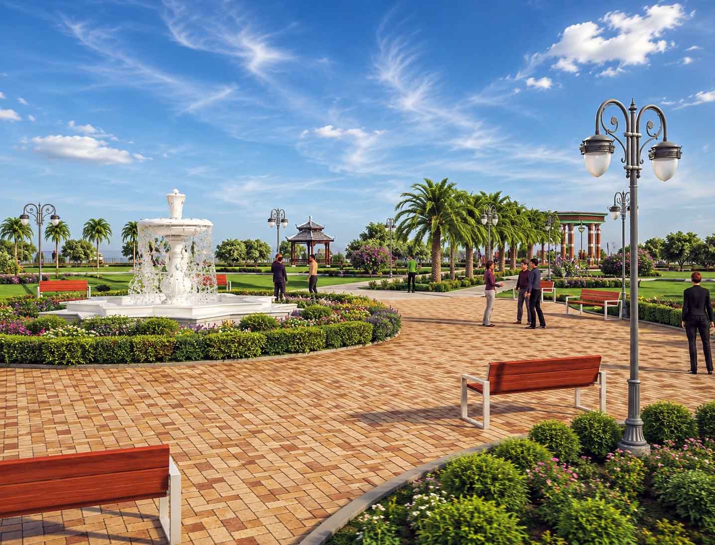 Ornamental white fountain plaza with benches, lampposts, and pagoda in background