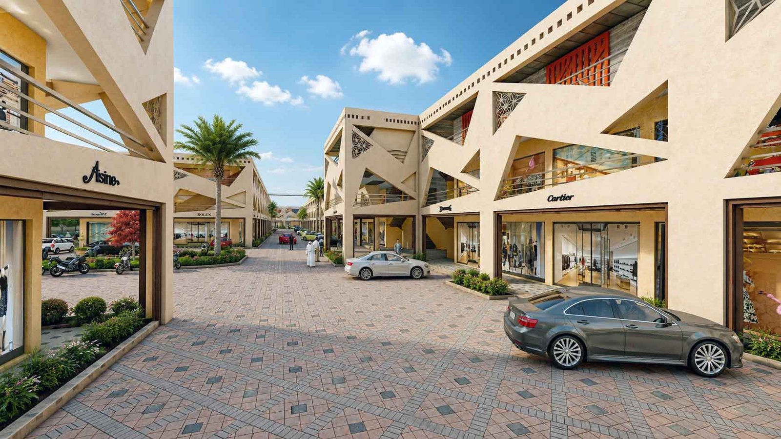 Pedestrian walkway between commercial buildings with premium retail shops