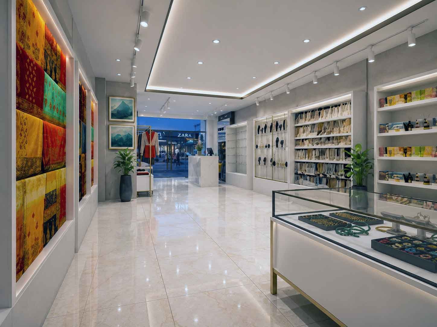 Retail store hallway with jewelry display counter and textile wall art