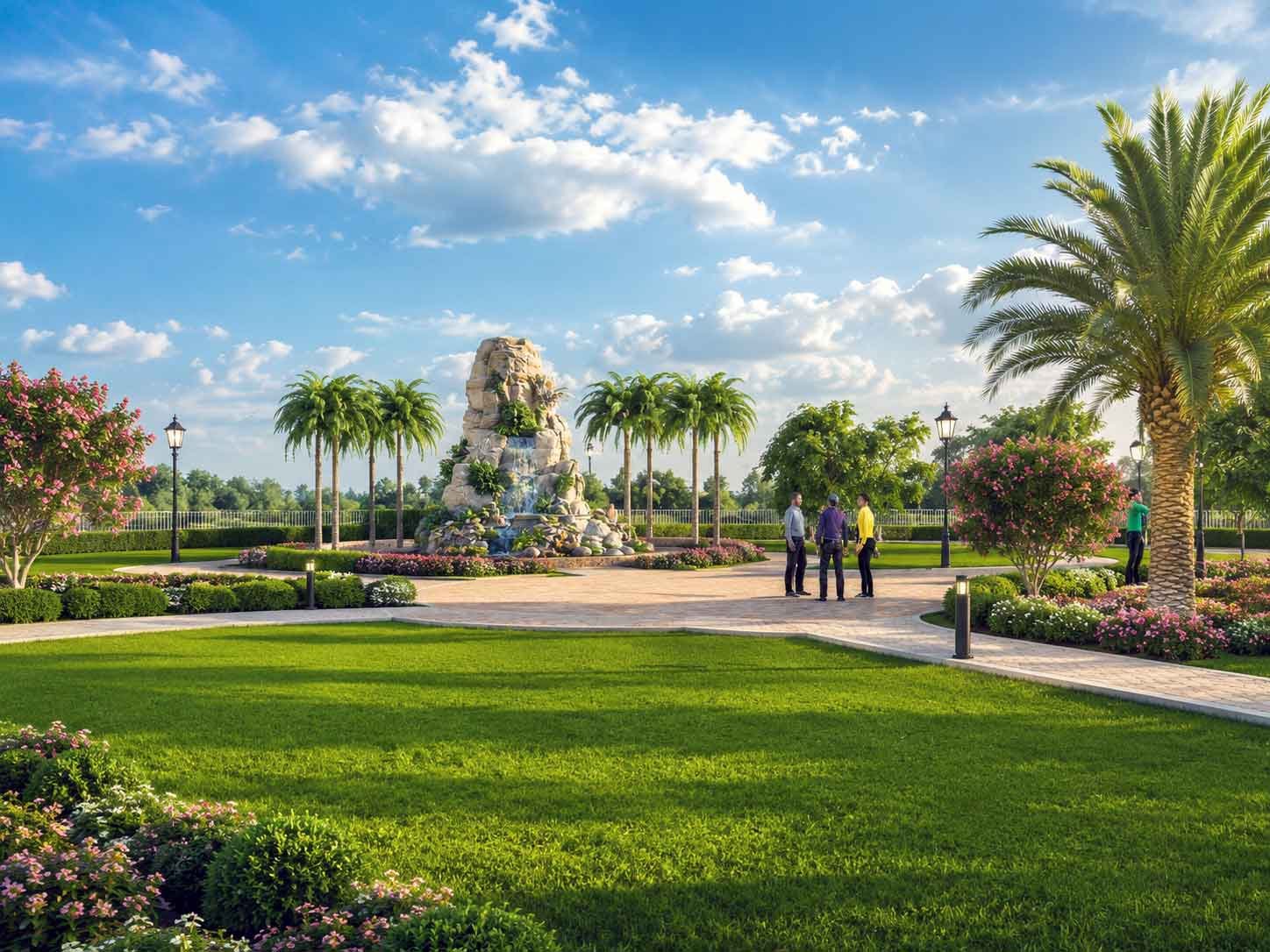 Landscaped park plaza with artificial rock waterfall, palm trees, and people walking