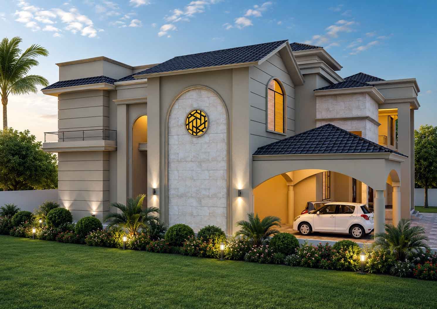 Two-story luxury home with stone pillars, multiple roof gables and paved driveway