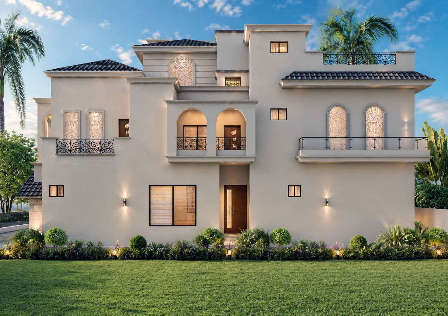 Villa side view with circular decorative window, stone accent wall and garden lighting