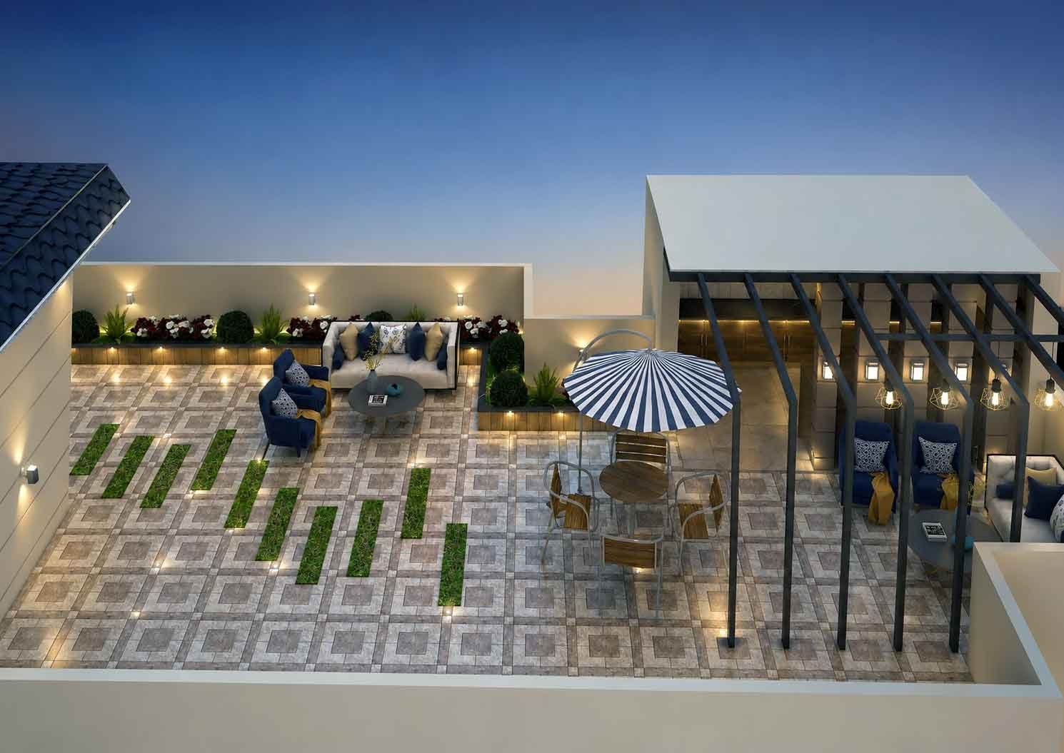 Aerial view of rooftop terrace design with seating zones, dining area, and covered lounge