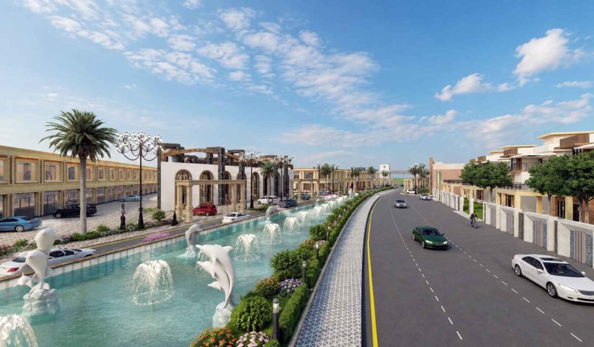 Commercial boulevard with dolphin fountain water feature and classical archway plaza