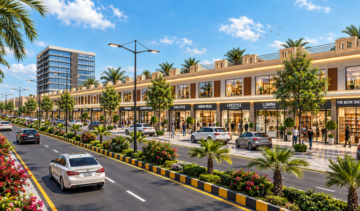 Modern commercial boulevard with retail shops, palm trees and landscaped road