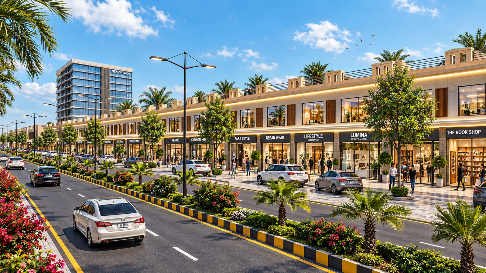 Modern commercial boulevard with retail shops, palm trees and landscaped road