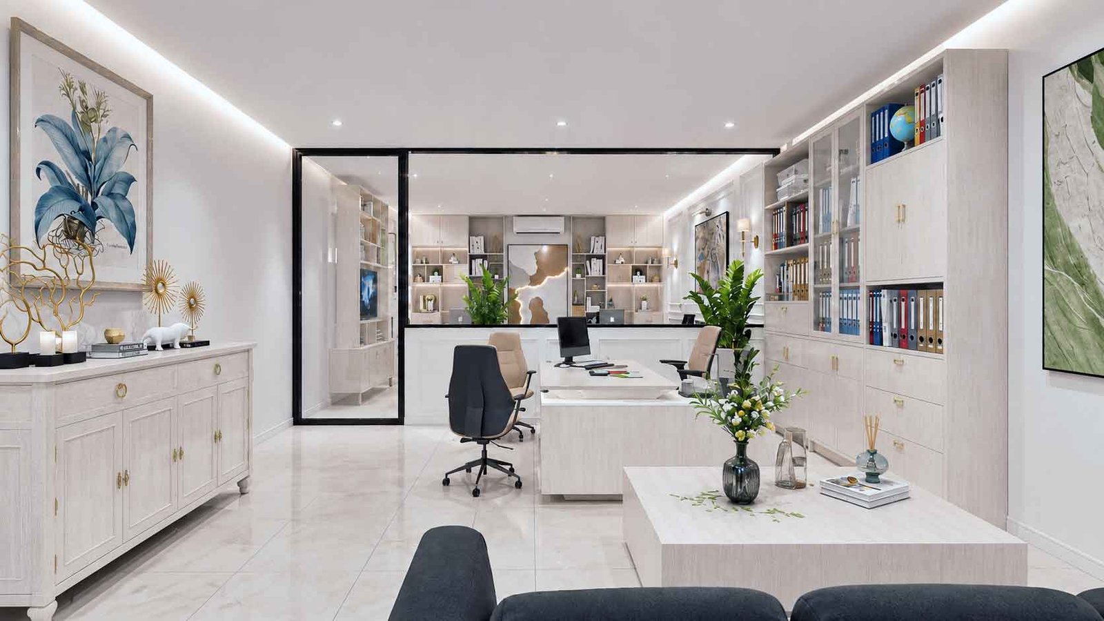 DHA office reception area with glass partition, wooden storage units, and executive desk
