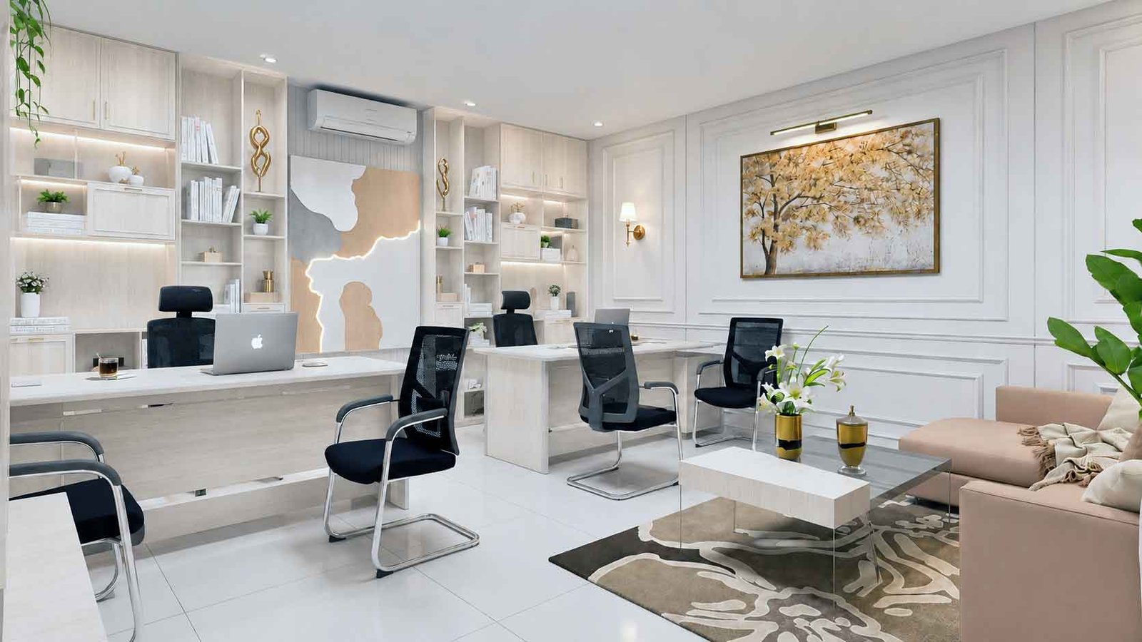 DHA executive office with classic wall paneling, workstations, and lounge seating area