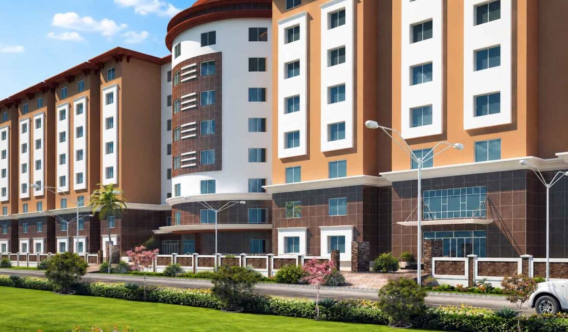 High-rise residential building facade with curved white tower and orange brick detailing