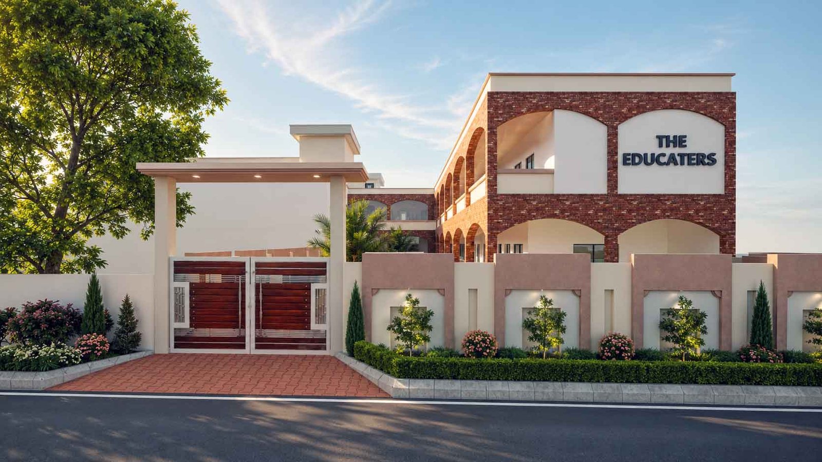 Modern school building exterior with brick arches, palm trees, and paved entrance walkway