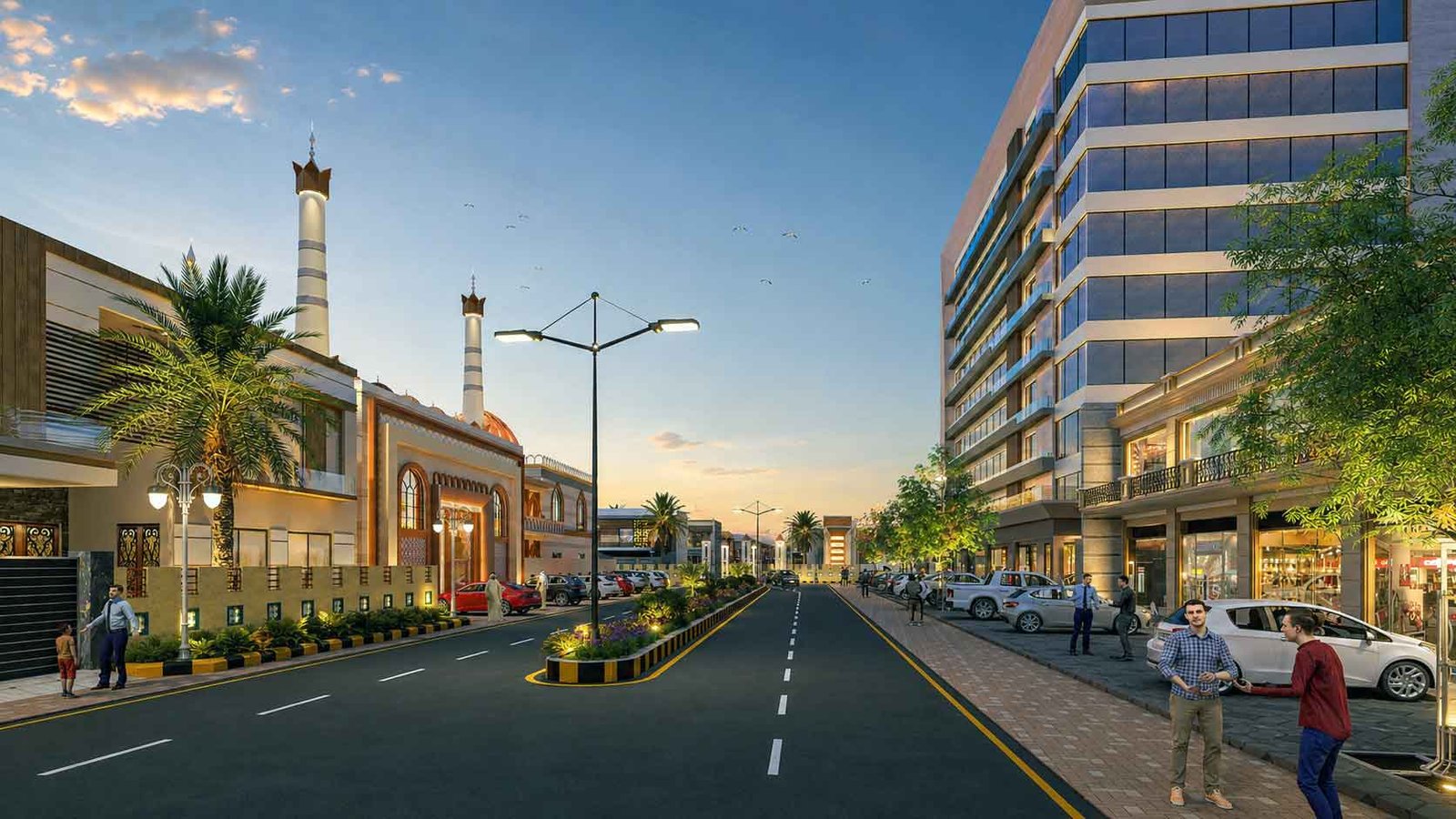 Evening street view showing mosque minarets and commercial building along boulevard