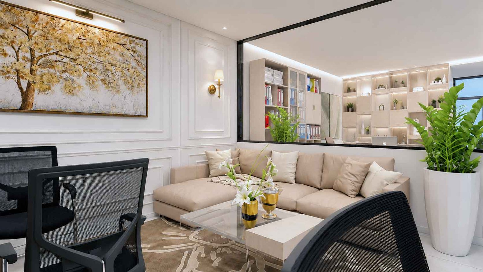 Office lounge seating area with beige sofa and view into storage and workstation zone