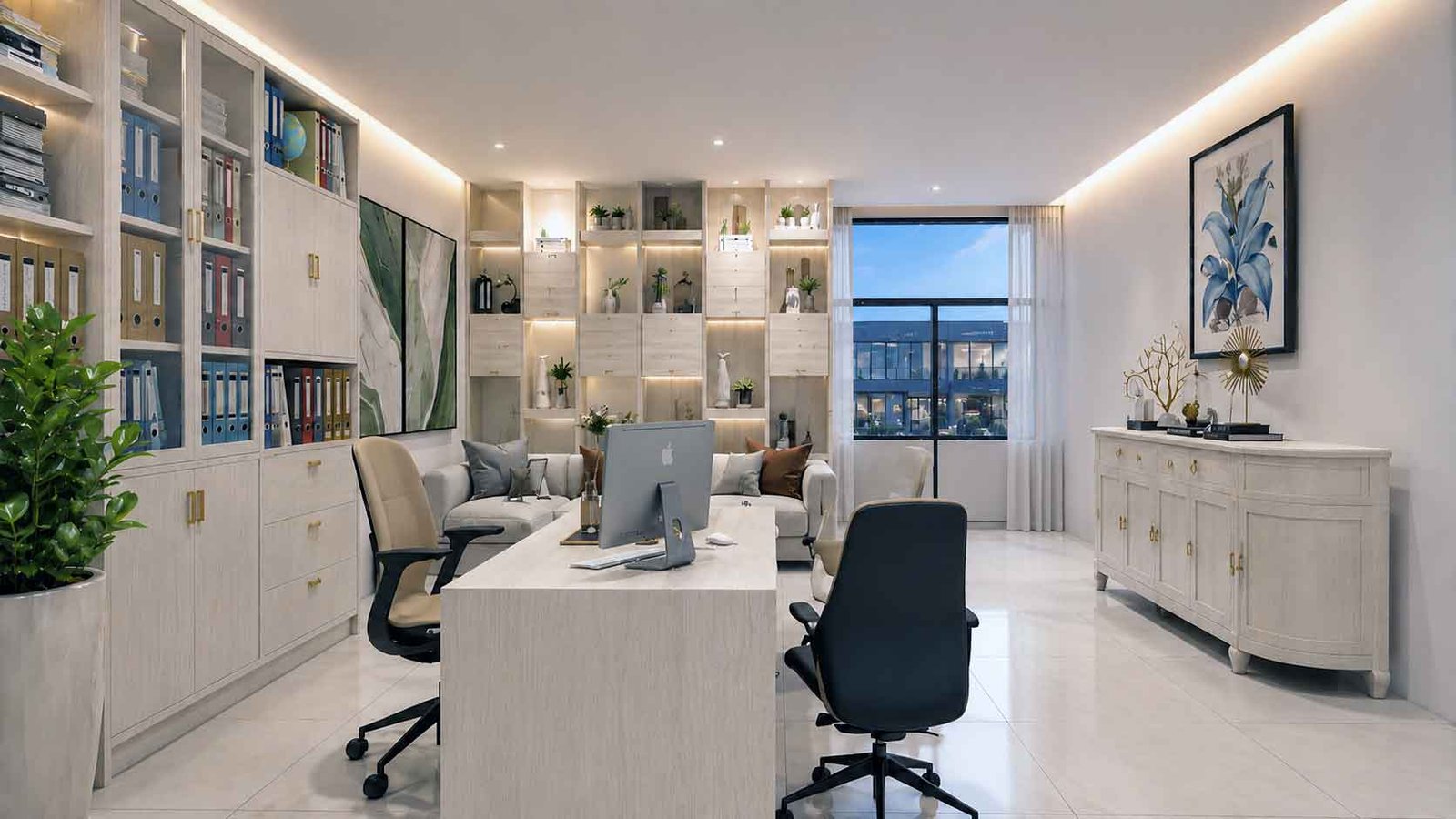 Open office workstations with laptops facing a lounge area through glass partition