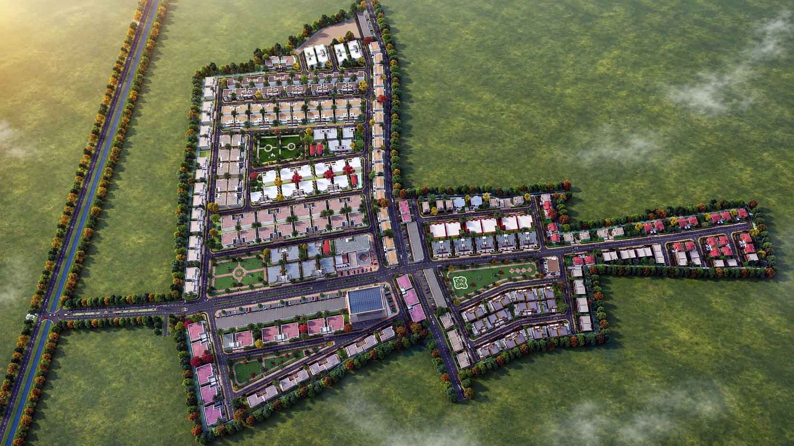 Aerial master plan showing residential blocks, parks, commercial area and roads