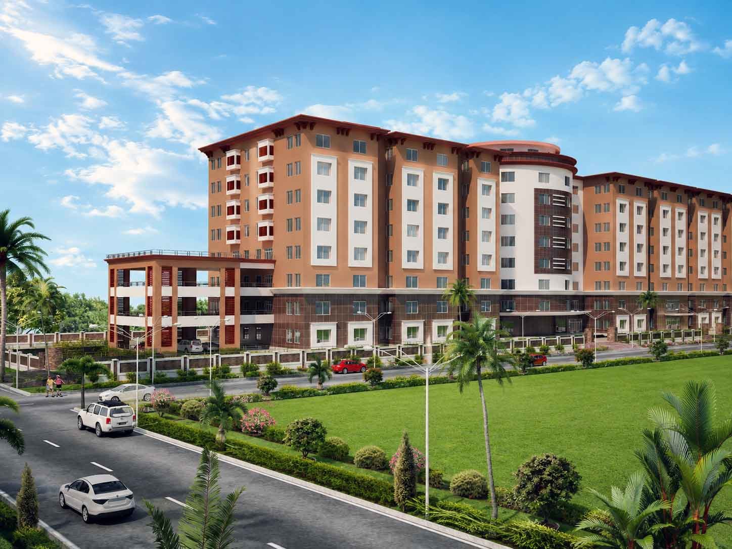 Complete residential apartment complex exterior view from street with landscaped lawn